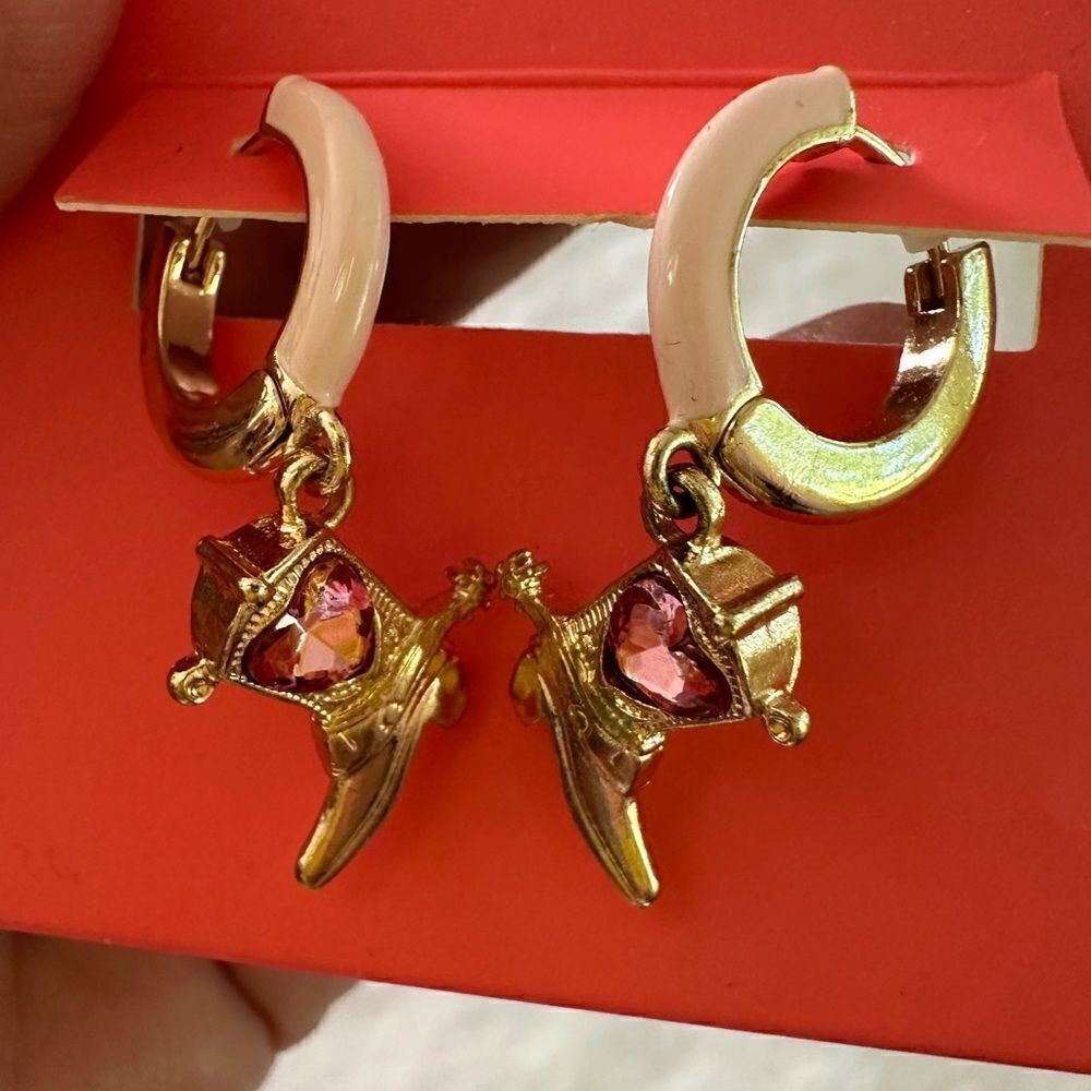 BETSEY JOHNSON Huggies Gold & Pink Crystal & Ceramic Cowboy Boots Earrings